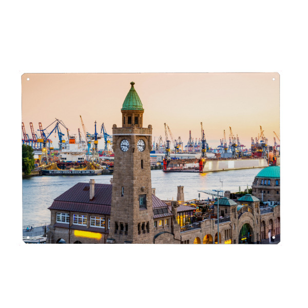Holzbild "Hamburg Landungsbrücken Abendlicht" artboxONE - Städte - Hamburg,St. pauli,Hafen,Uhrenturm,Landungsbrücken