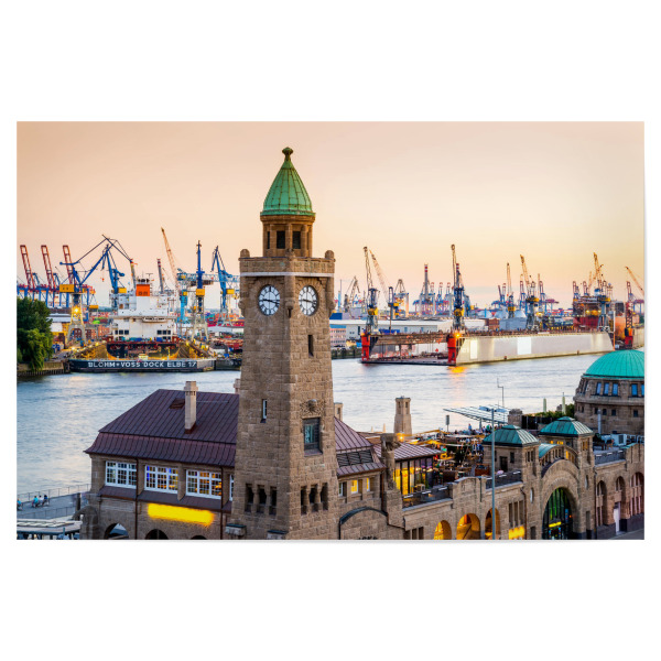 Poster 30x20 cm "Hamburg Landungsbrücken Abendlicht" artboxONE - Städte - Hamburg,St. pauli,Hafen,Uhrenturm,Landungsbrücken