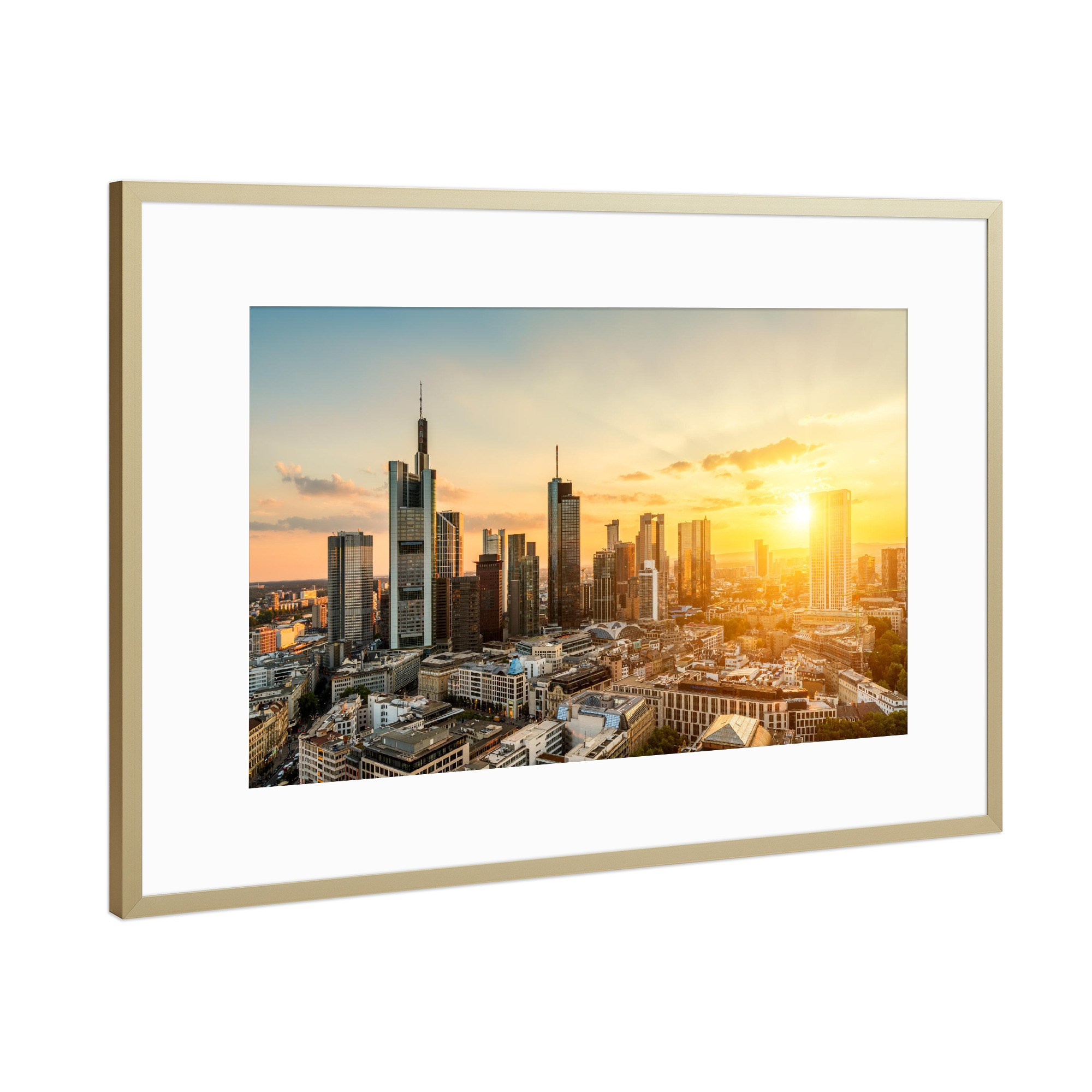 Poster mit Rahmen Gold "Frankfurt am Main Sunset Cityscape" artboxONE - Städte - Frankfurt am main,Sonnenuntergang,Skyline,Stadt