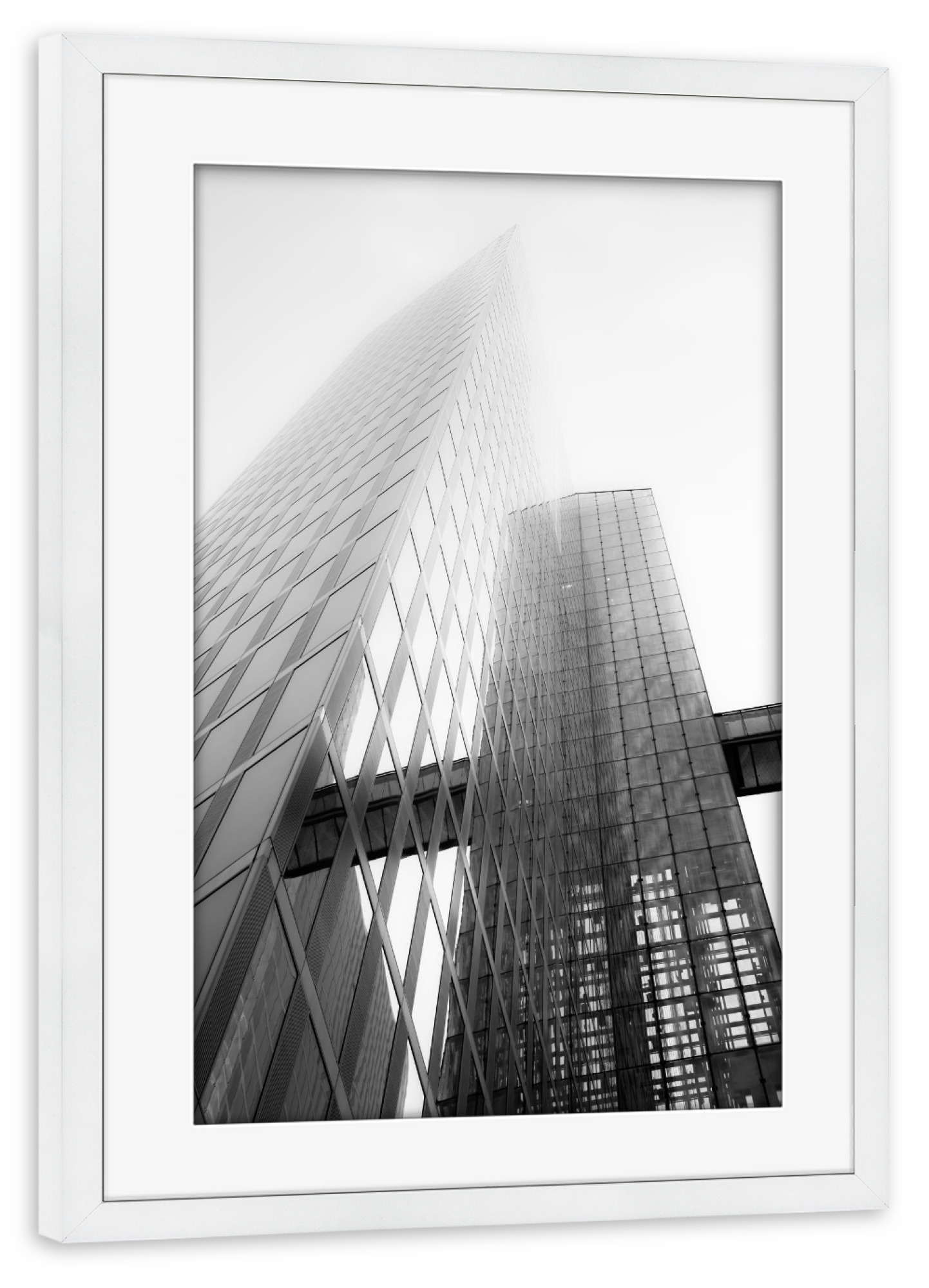 Poster mit Rahmen weiß "High Rising III" artboxONE - Städte,Abstrakt,Schwarzweiß,Architektur - Hochhaus,Wolkenkratzer,Tower,Hochformat