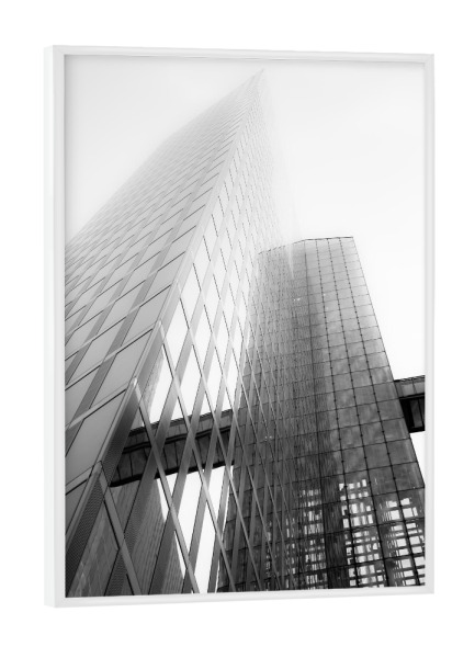 Poster mit weißem Rahmen "High Rising III" artboxONE - Städte,Abstrakt,Schwarzweiß,Architektur - Hochhaus,Wolkenkratzer,Tower,Hochformat