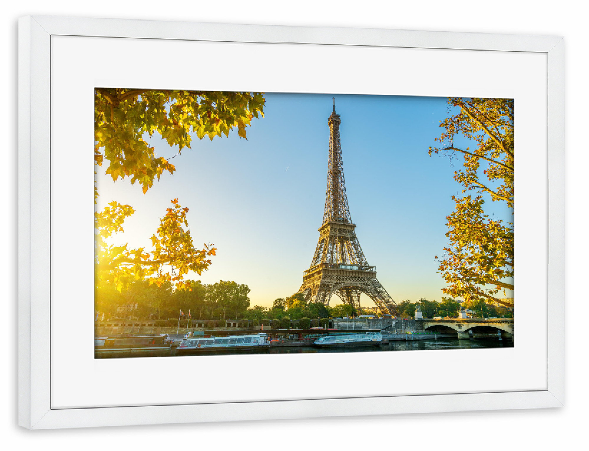 Poster mit Rahmen weiß "Paris Eiffelturm Autumn Breeze" artboxONE - Städte - Paris,Sonnenuntergang,Eiffelturm,Seine,Frankreich