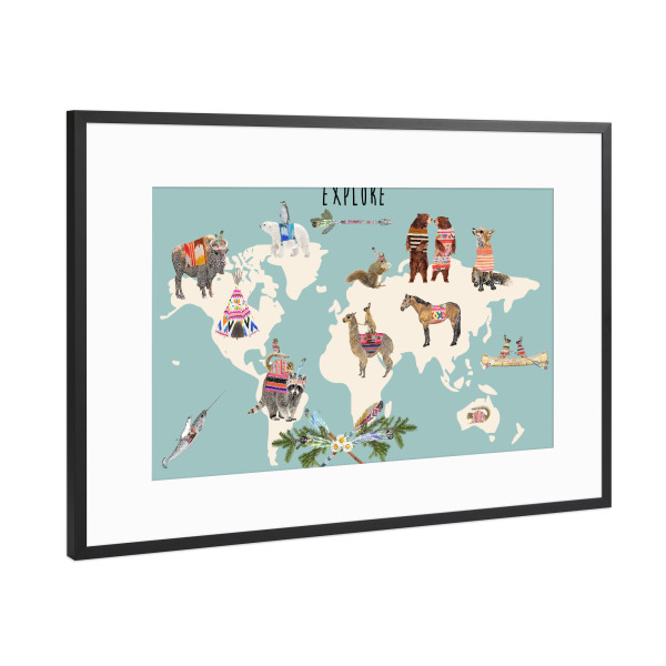 Poster mit Rahmen Schwarz (Metallic) "Weltkarte mit Tieren" artboxONE - Kartografie