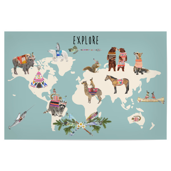 Poster "Weltkarte mit Tieren" artboxONE - Kartografie - Weltkarte mit tieren,Worldmap,Tiere,Map,Türkis,Bär,Büffel,Natur,Kinderzimer