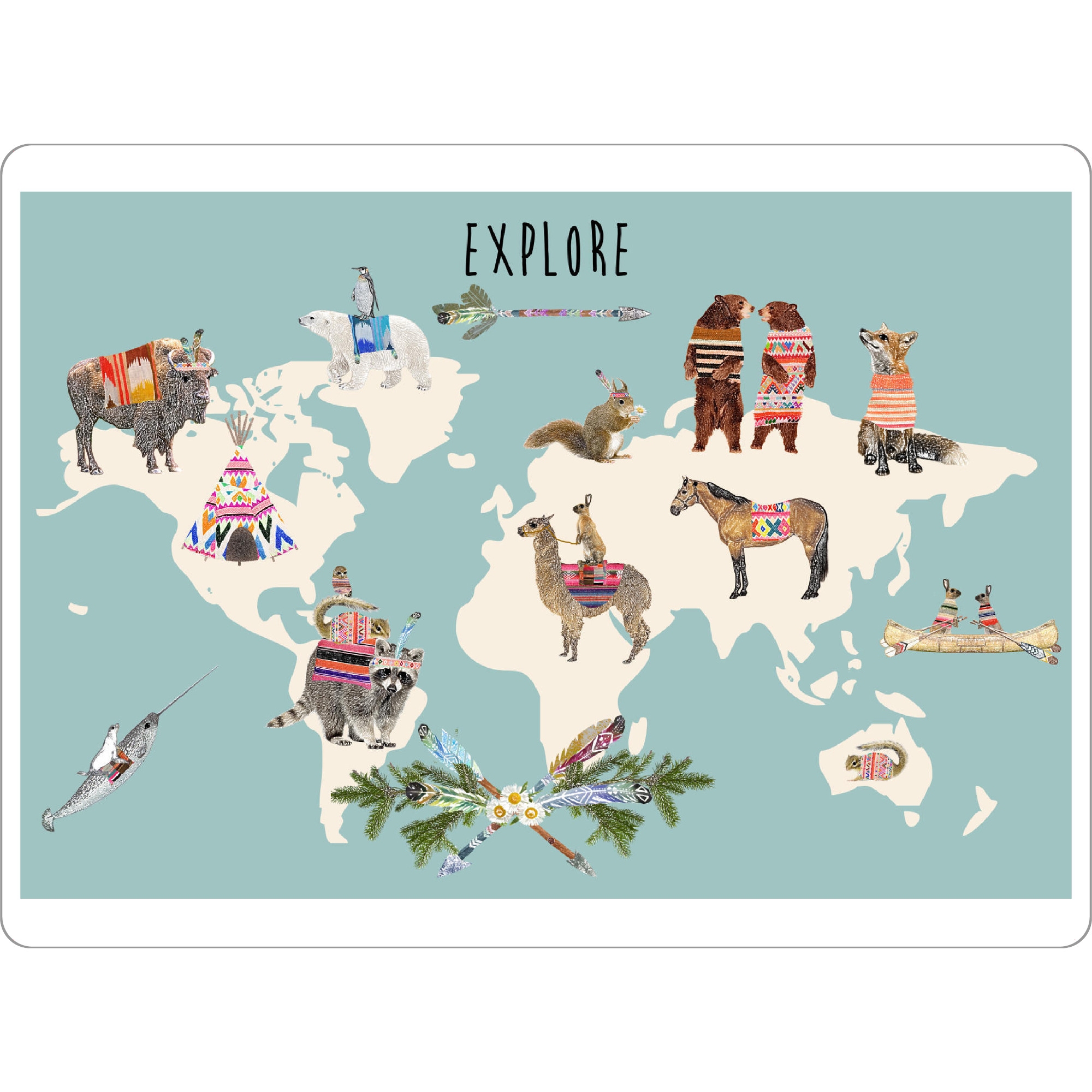 Tischset "Weltkarte mit Tieren" artboxONE - Kartografie - Weltkarte mit tieren,Worldmap,Tiere,Map,Türkis,Bär,Büffel,Natur,Kinderzimer