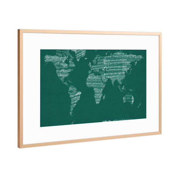 Poster mit Rahmen Kupfer "Map of the World Map from Old Sheet Music Teal" artboxONE - Reise,Musik
