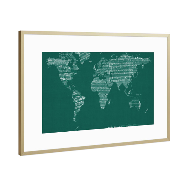 Poster mit Rahmen Gold "Map of the World Map from Old Sheet Music Teal" artboxONE - Reise,Musik - Petrol,Musik,Musiker,Weltkarten,Noten,Lied,Knickente