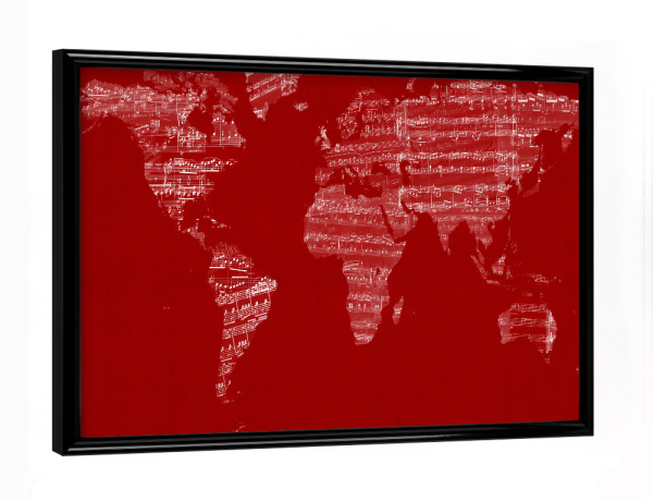 Poster mit schwarzem Rahmen "Map of the World Map from Old Sheet Music" artboxONE - Reise,Musik - Weltkarten,Noten,Musikstück