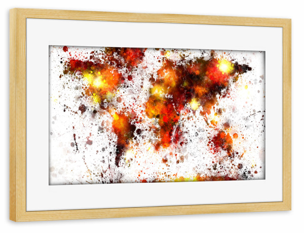 Poster mit Rahmen kiefer "World Map Paint Splashes yellow" artboxONE - Reise - Weltkarte