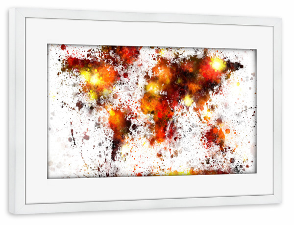 Poster mit Rahmen weiß "World Map Paint Splashes yellow" artboxONE - Reise - Weltkarte