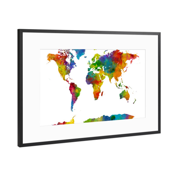 Poster mit Rahmen Schwarz (Metallic) "Map of the World Watercolor retro" artboxONE - Reise,Retro - Weltkarte