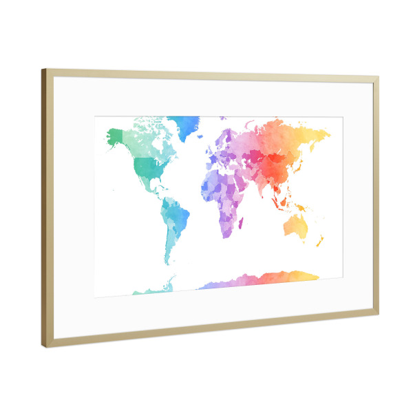 Poster mit Rahmen Gold "Watercolor Map of the World light" artboxONE - Reise - Serenity,Rosequartz,Weltkarte