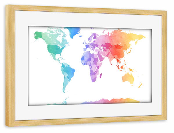 Poster mit Rahmen kiefer "Watercolor Map of the World light" artboxONE - Reise - Serenity,Rosequartz,Weltkarte