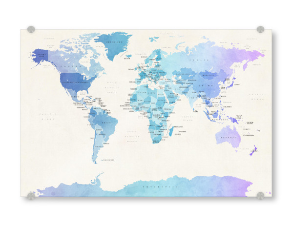Acrylglasbild "Watercolour Political Map of the World" artboxONE - Reise - Weltkarte,Serenity,Rosequartz