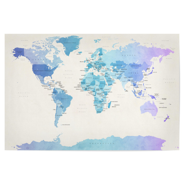 Poster 30x20 cm "Watercolour Political Map of the World" artboxONE - Reise - Weltkarte,Serenity,Rosequartz