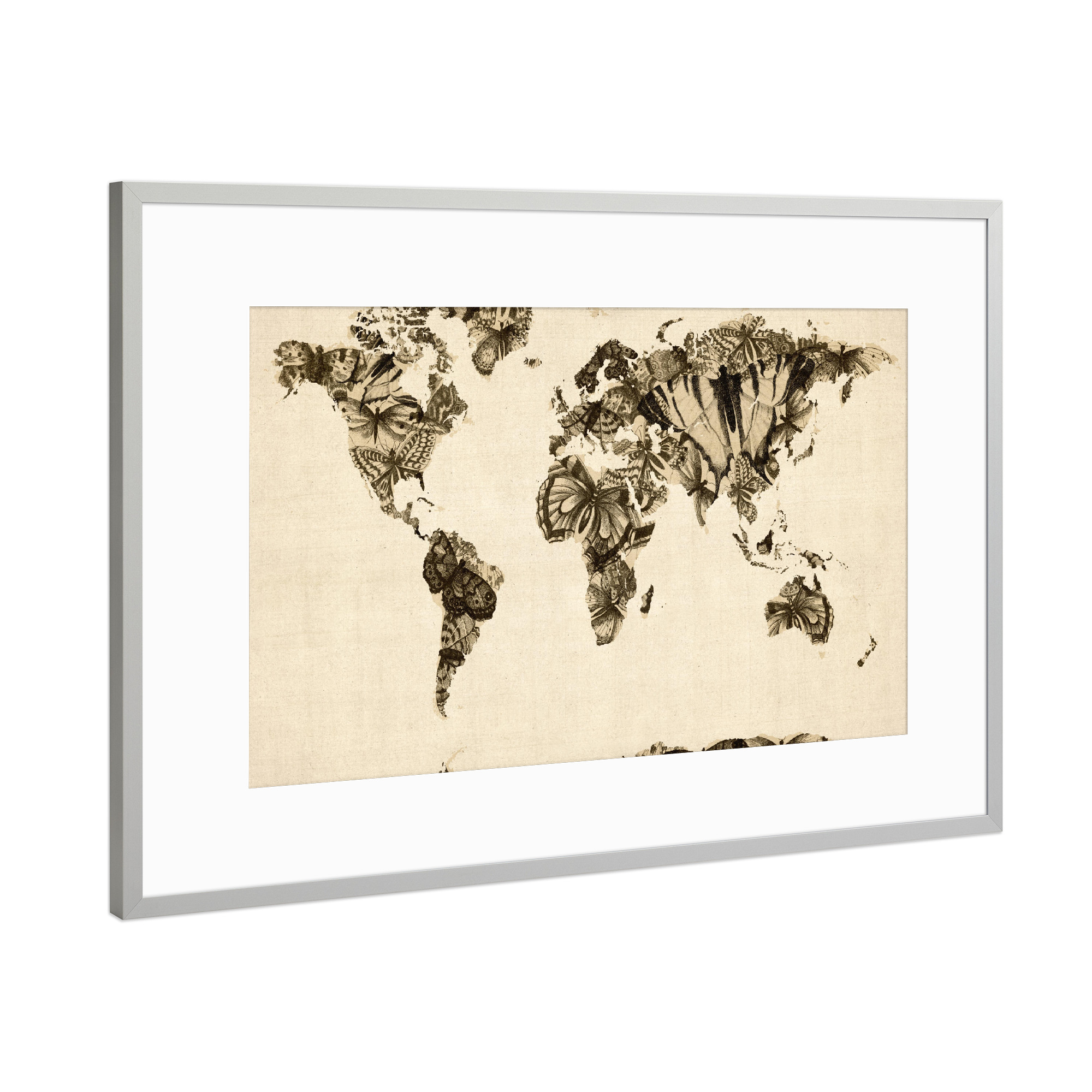Poster mit Rahmen Silber "Butterfly World Map" artboxONE - Reise - Steampunk,Weltkarte