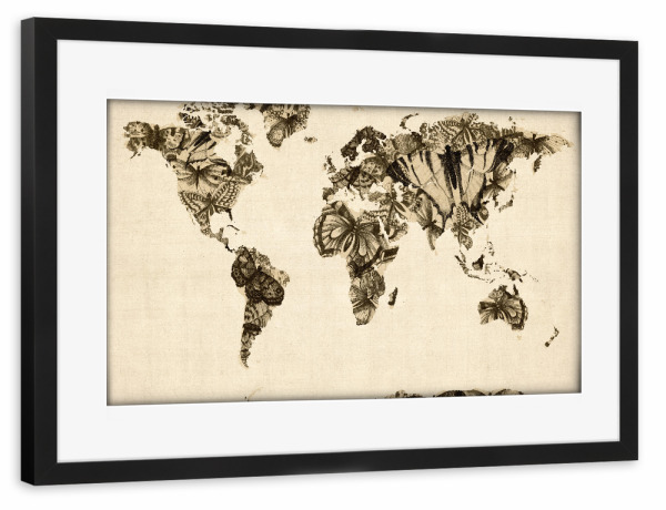 Poster mit Rahmen schwarz "Butterfly World Map" artboxONE - Reise - Steampunk,Weltkarte