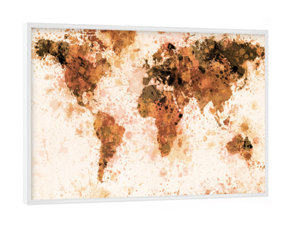 Poster mit weißem Rahmen "World Map Paint Splashes brown" artboxONE - Reise - Weltkarte