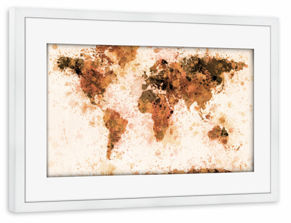 Poster mit Rahmen weiß "World Map Paint Splashes brown" artboxONE - Reise - Weltkarte