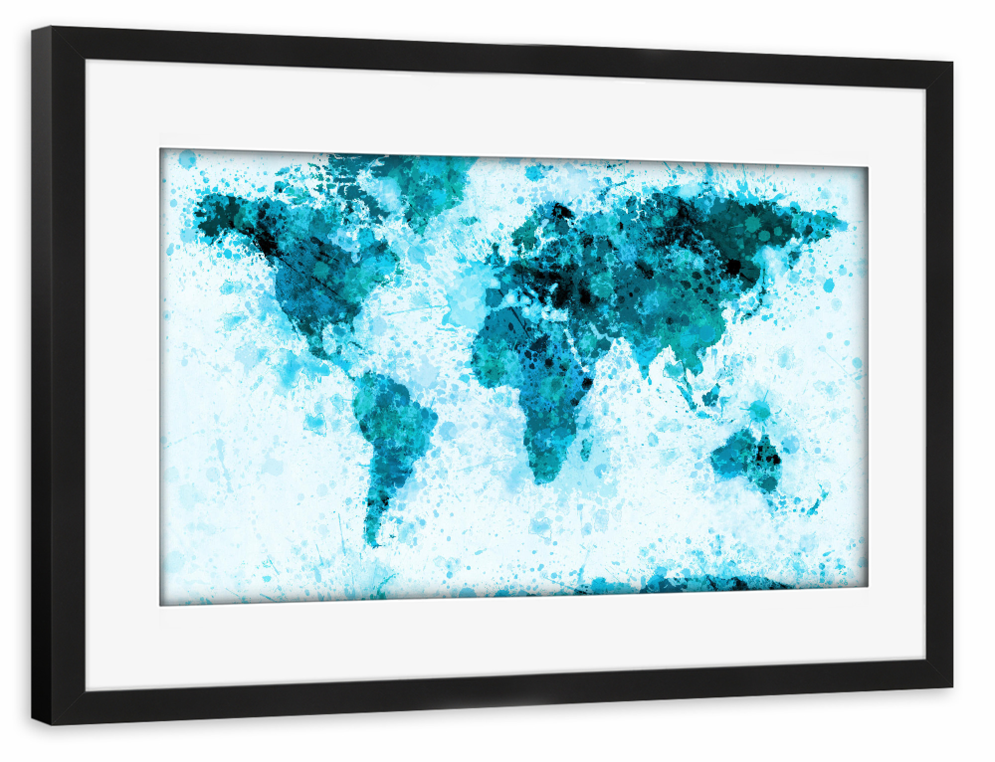 Poster mit Rahmen schwarz "World Map Paint Splashes Blue Infusion" artboxONE - Reise - Weltkarte