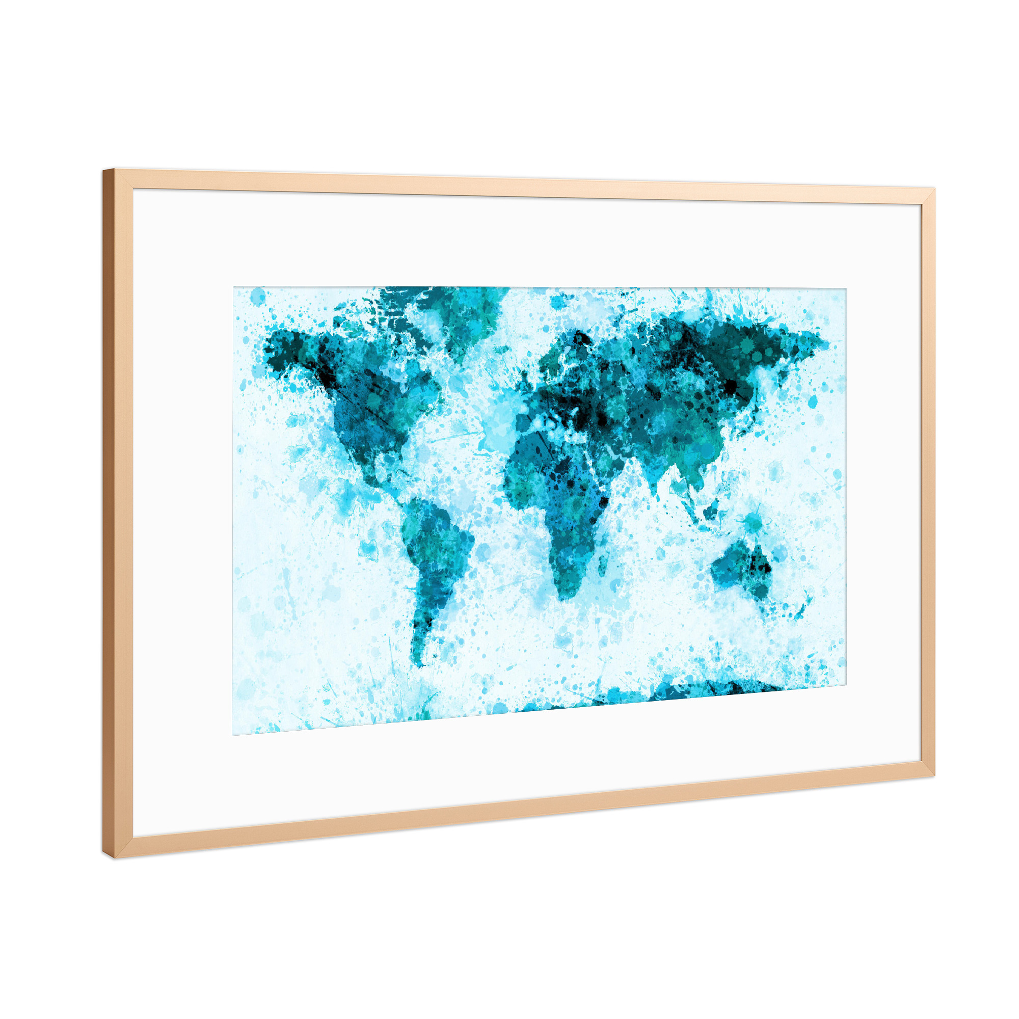 Poster mit Rahmen Kupfer "World Map Paint Splashes Blue Infusion" artboxONE - Reise - Weltkarte