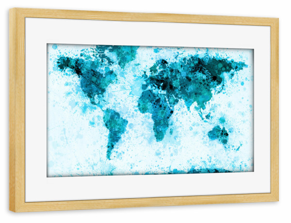 Poster mit Rahmen kiefer "World Map Paint Splashes Blue Infusion" artboxONE - Reise - Weltkarte