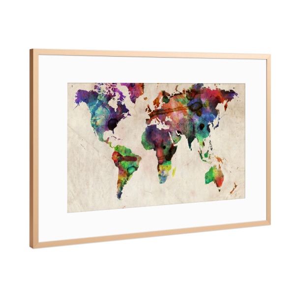 Poster mit Rahmen Kupfer "World Map Urban Watercolor" artboxONE - Reise - Weltkarte,Welt,Karte