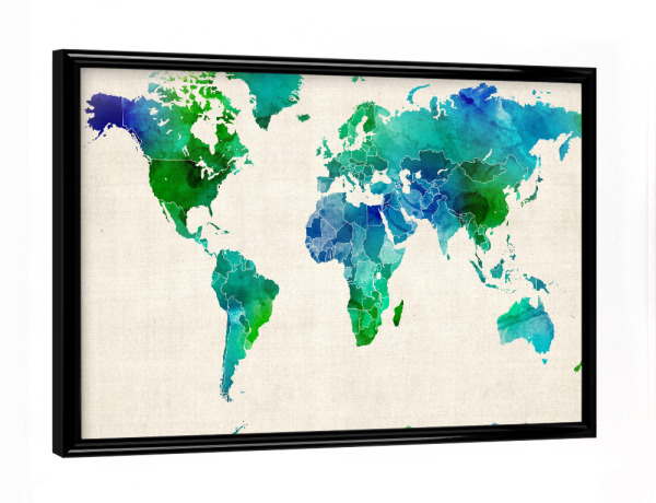 Poster mit schwarzem Rahmen "Watercolor Map of the World" artboxONE - Reise - Wasserfarben,Weltkarte