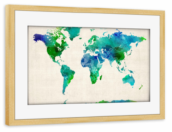 Poster mit Rahmen kiefer "Watercolor Map of the World" artboxONE - Reise - Wasserfarben,Weltkarte