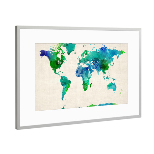 Poster mit Rahmen Silber "Watercolor Map of the World" artboxONE - Reise - Wasserfarben,Weltkarte
