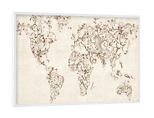 Poster mit weißem Rahmen "Map of the World Floral" artboxONE - Reise,Floral,Schwarzweiß - Blumen,Ranke,Weltkarte