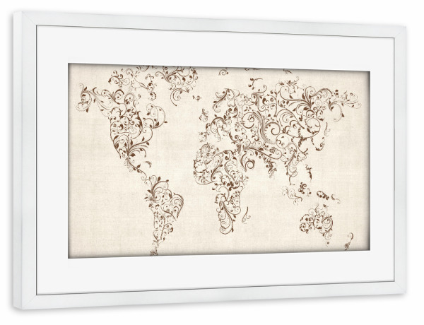 Poster mit Rahmen weiß "Map of the World Floral" artboxONE - Reise,Floral,Schwarzweiß - Blumen,Ranke,Weltkarte