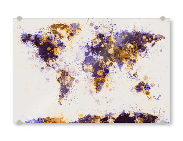 Acrylglasbild "World Map Paint Splashes Purple Yellow" artboxONE - Reise - Weltkarte