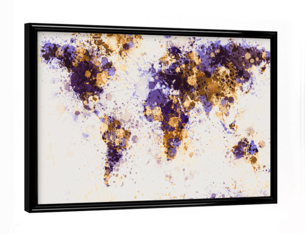 Poster mit schwarzem Rahmen "World Map Paint Splashes Purple Yellow" artboxONE - Reise - Weltkarte