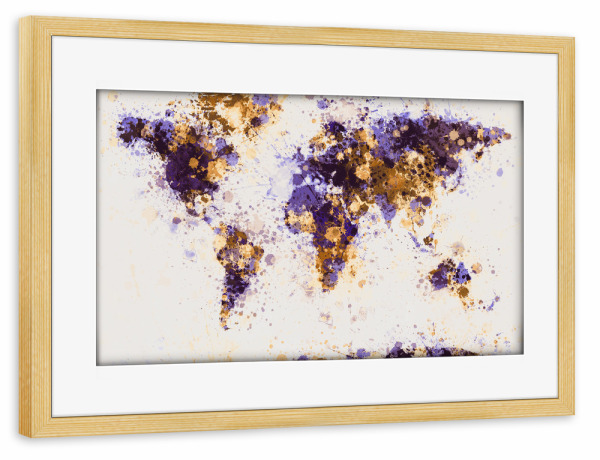 Poster mit Rahmen kiefer "World Map Paint Splashes Purple Yellow" artboxONE - Reise - Weltkarte