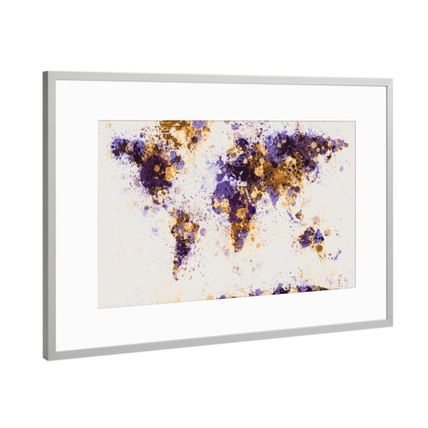 Poster mit Rahmen Silber "World Map Paint Splashes Purple Yellow" artboxONE - Reise - Weltkarte