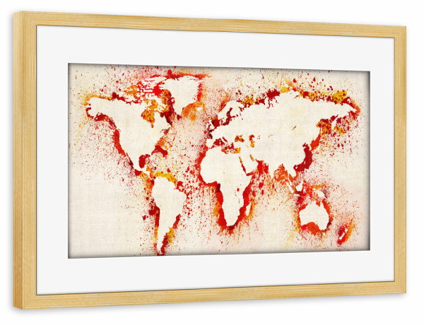 Poster mit Rahmen kiefer "Map of the World Orange" artboxONE - Reise - Weltkarte