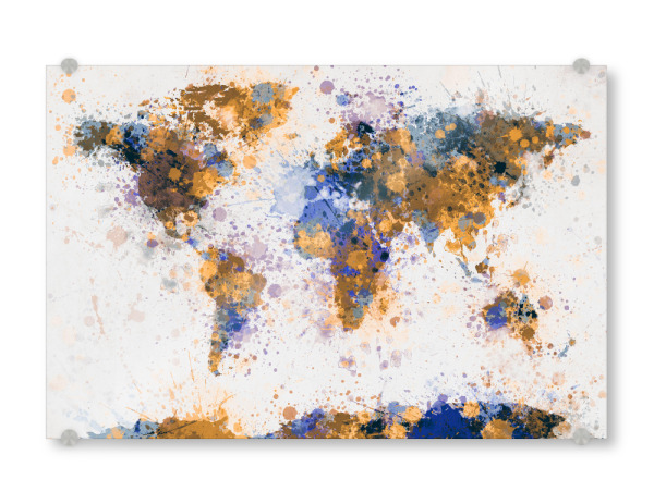 Acrylglasbild "World Map Paint Splashes Blue Gold" artboxONE - Reise - Weltkarte