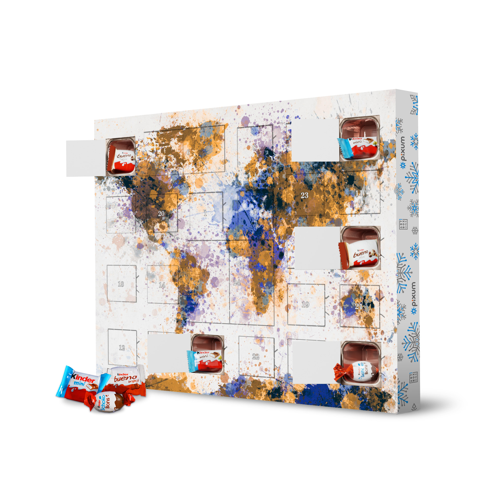 Adventskalender XXL mit Produkten von Kinder World Map Paint Splashes Blue Gold artboxONE Adventskalender Reise