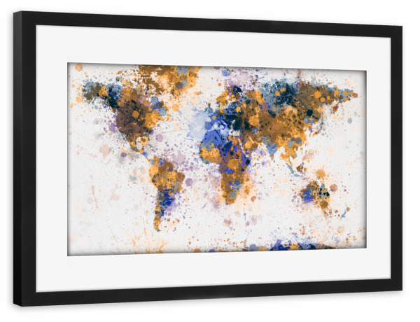 Poster mit Rahmen schwarz "World Map Paint Splashes Blue Gold" artboxONE - Reise - Weltkarte