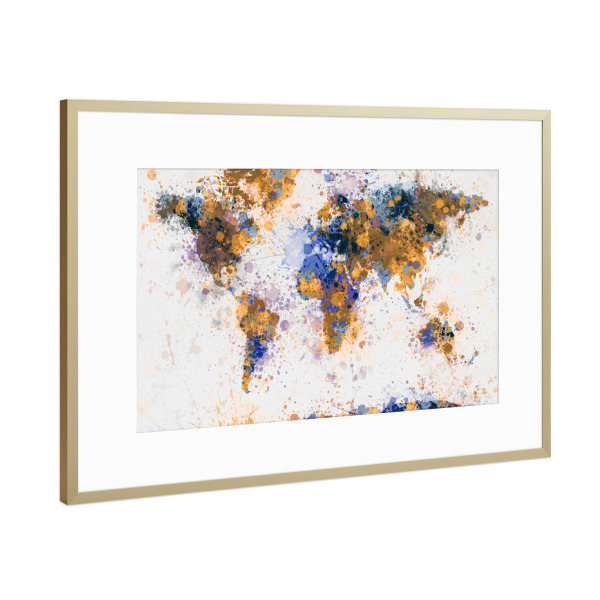 Poster mit Rahmen Gold "World Map Paint Splashes Blue Gold" artboxONE - Reise - Weltkarte