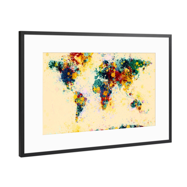 Poster mit Rahmen Schwarz (Metallic) "Paint Splashes World Map" artboxONE - Reise - Weltkarte