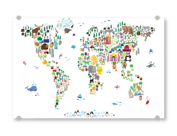 Acrylglasbild "Animal Map of the World White" artboxONE - Tiere - Weltkarte,Kinderzimmer