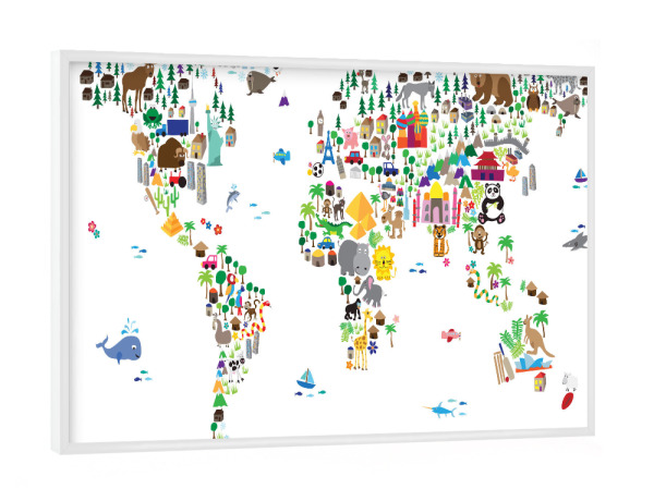 Poster mit weißem Rahmen "Animal Map of the World White" artboxONE - Tiere - Weltkarte,Kinderzimmer