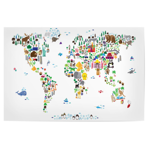 Poster 30x20 cm "Animal Map of the World White" artboxONE - Tiere - Weltkarte,Kinderzimmer