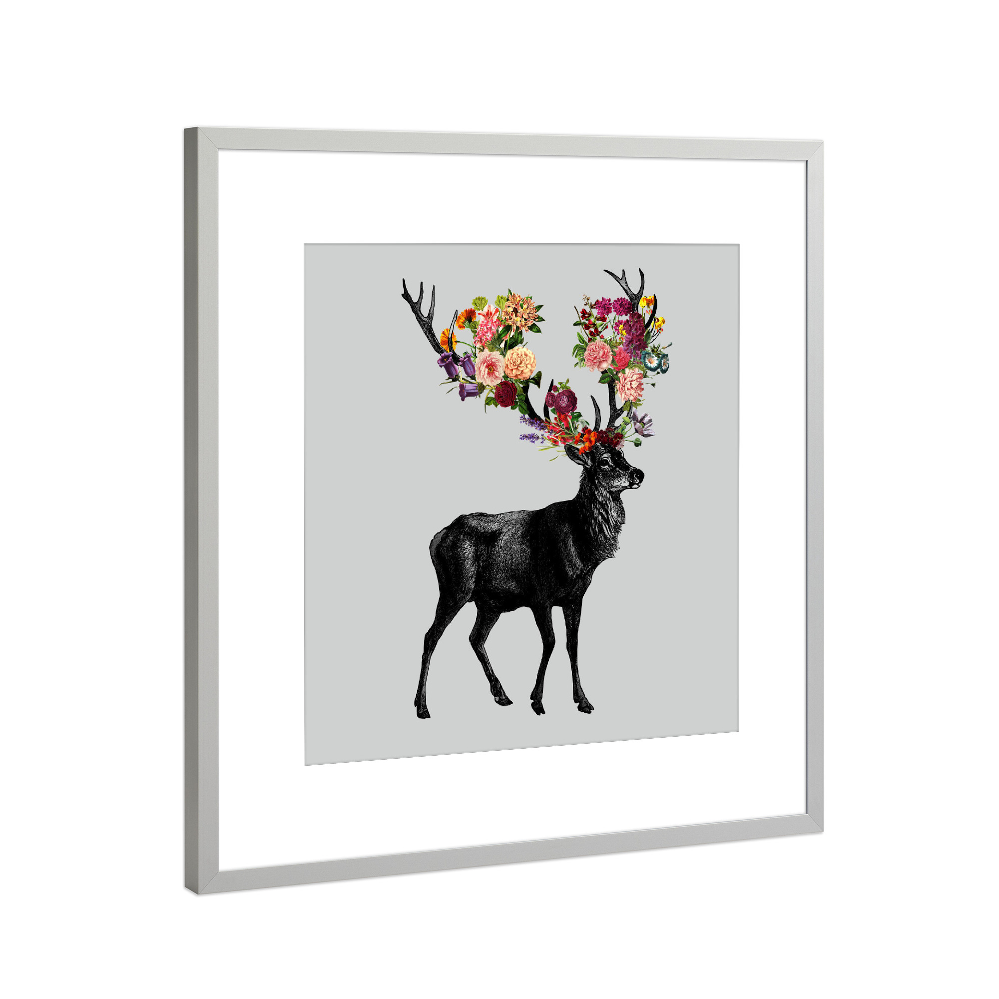 Poster mit Rahmen Silber "Spring Itself Deer Floral" artboxONE - Natur,Tiere