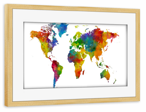 Poster mit Rahmen kiefer "Watercolour World Map 2" artboxONE - Reise - Weltkarte,Wanderlust,Weltkarte,Aquarell,Aquarell,Warten auf freigabe