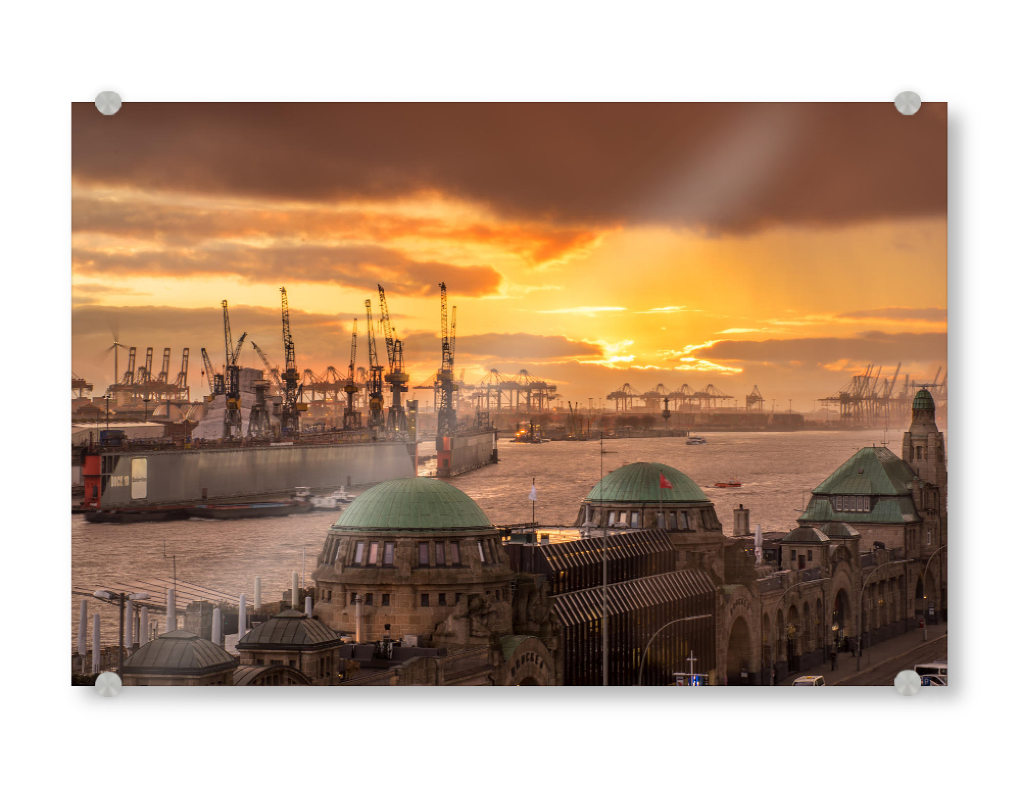 Acrylglasbild "Sonnenuntergang im Hafen Hamburg" artboxONE - Städte,Natur,Floral