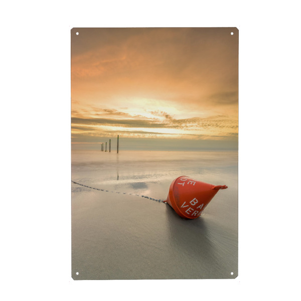 Holzbild "Badeverbot 2" artboxONE - Natur,Reise,Reise / Strand und Meer - Boje,Nordsee,Strand,Meer,Badeverbot,Abend,Sonnenuntergang,Küste