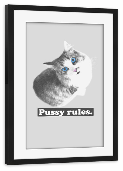 Poster mit Rahmen schwarz "Pussy rules" artboxONE - Tiere - Katze,Katzen,Sprichwort,Redewendungen,Lustig,Satire,Slogan,Slogans,Witz,Witze,Frauen,Frau